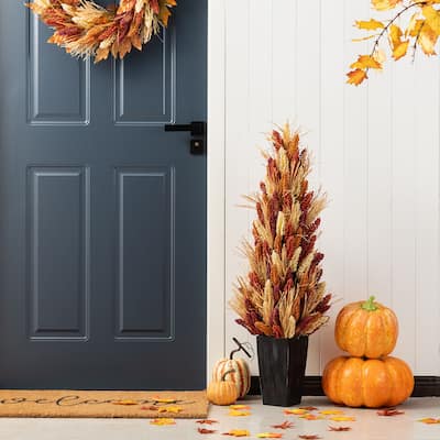 Glitzhome 38"H Farmhouse Fall Harvest Multi-Colored Sorghum Porch Tree