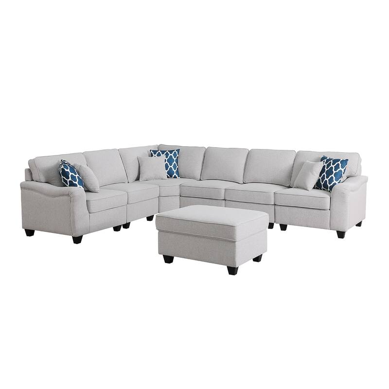 7 Piece Modular L-Shape Sectional Sofa with Ottoman in Light Gray