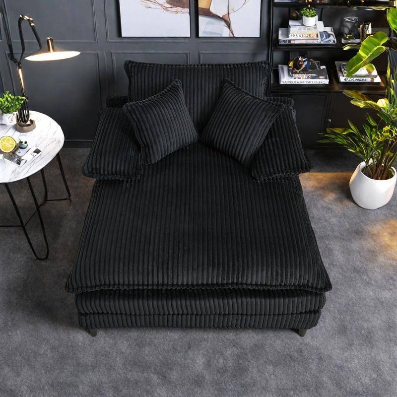 Corduroy Oversized Chaise Lounge with 4-Position Adjustable Backrest, 2 Pillows & 300lb Capacity - Convertible Sofa Bed - Black