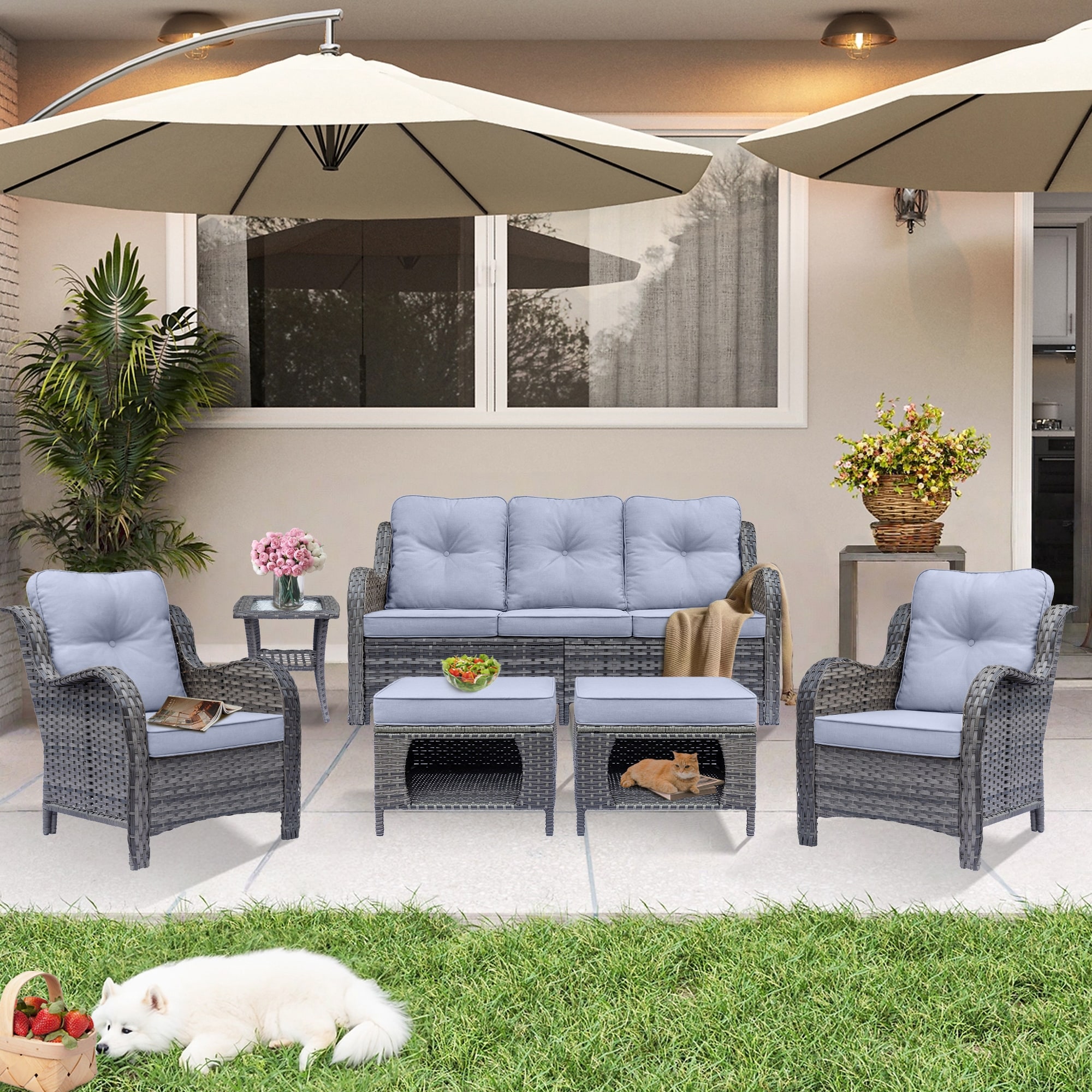 Gray Rattan Wicker High Back Outdoor Patio Furniture Sofa Seating Set