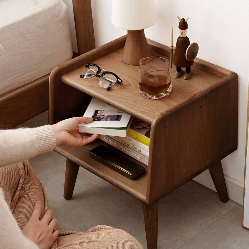 European Beech Nightstand, Solid Wood Bedside Table with Storage, Nordic Bedroom Cabinet