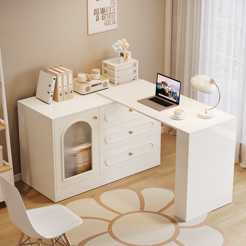 Modern 360° Rotatable Computer Desk with 3 Drawers, L Shaped Corner Executive Desk