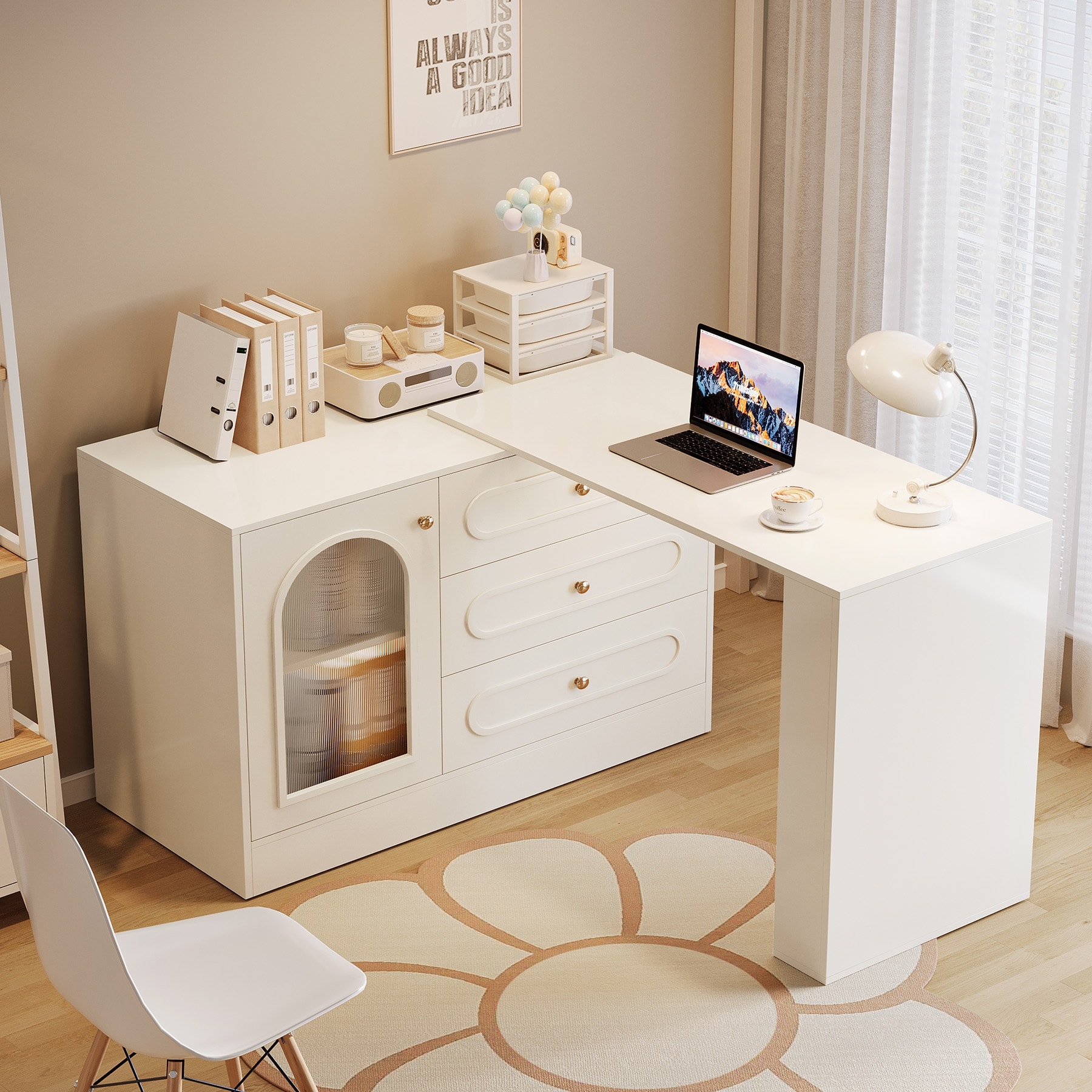 Modern 360° Rotatable Computer Desk with 3 Drawers, L Shaped Corner Executive Desk