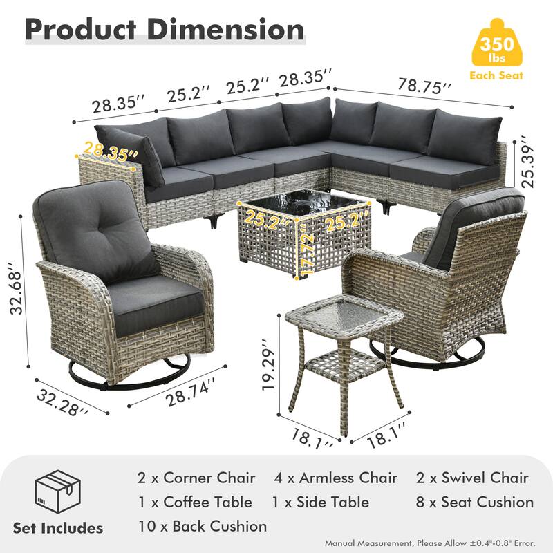 XIZZI 10-piece Patio Furniture Wicker Sectional Set with Swivel Chair