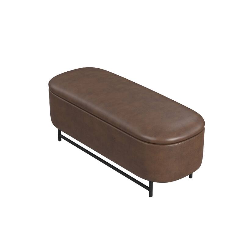 Pat Storage Bench Ottoman, Brown Faux Leather, Black Metal, 46 Inch