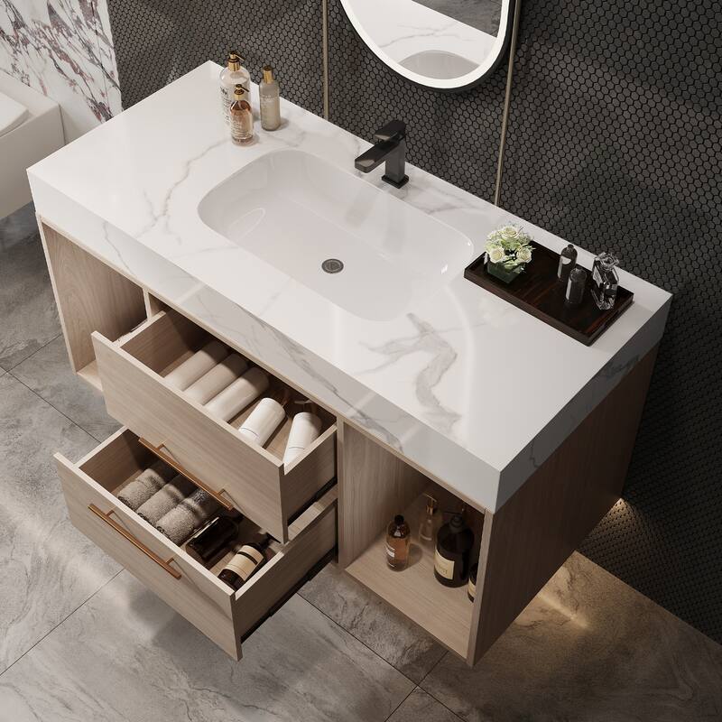 Modern Wall Mounted Bathroom Vanity Floating Storage Cabinet with Ceramic Sink, Faux Marble Countertop, Drawers and Open Shelves
