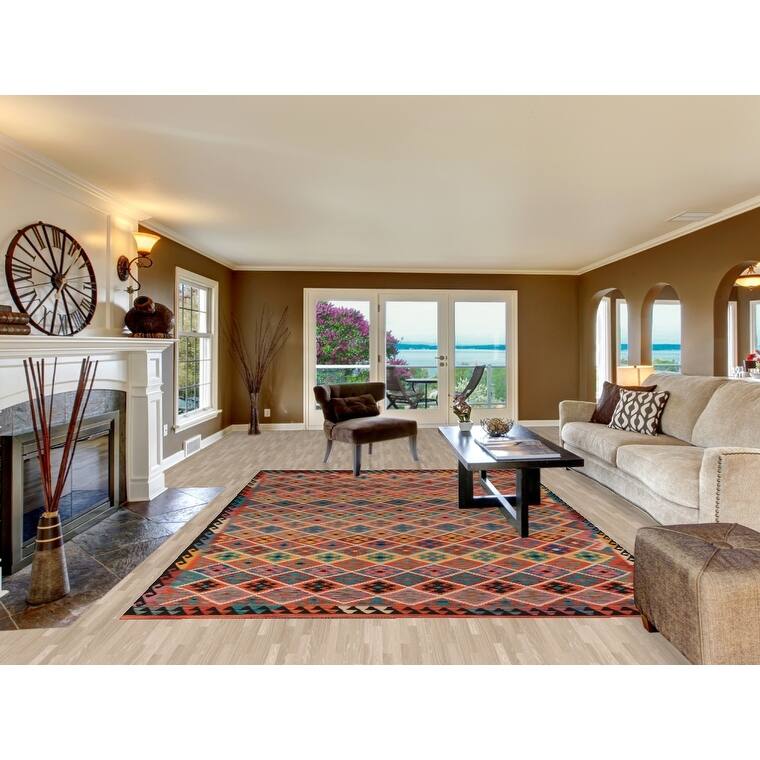 Flat Weave Trellis Kilim Oriental Area Rug Flatweave Wool Carpet - 7'10" x 11'5"