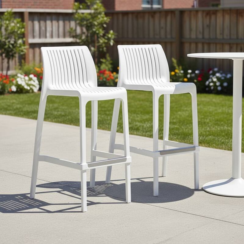 HomeRoots Set of Two 30" White Heavy Duty Plastic Low Back Outdoor Bar Height Chairs