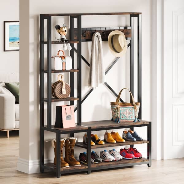 4-in-1 Entryway Hall Tree with Side Storage Shelves Industrial Wooden ...