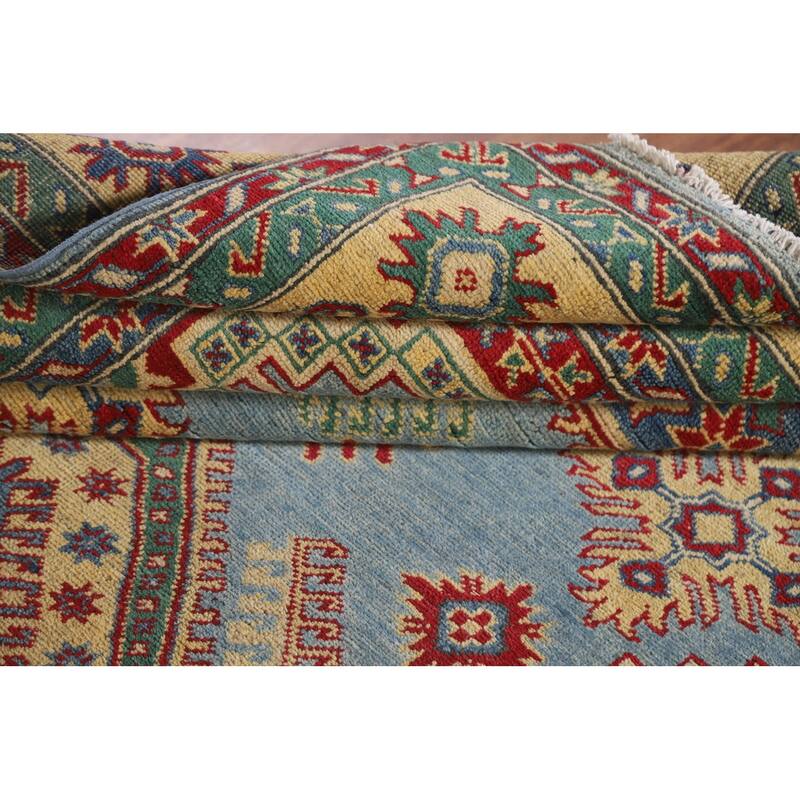 Hand Knotted Oriental 100% Wool Carpet Traditional Geometric Navy Blue & Blues Kazak Area Rug - 9' 9'' X 6' 6''