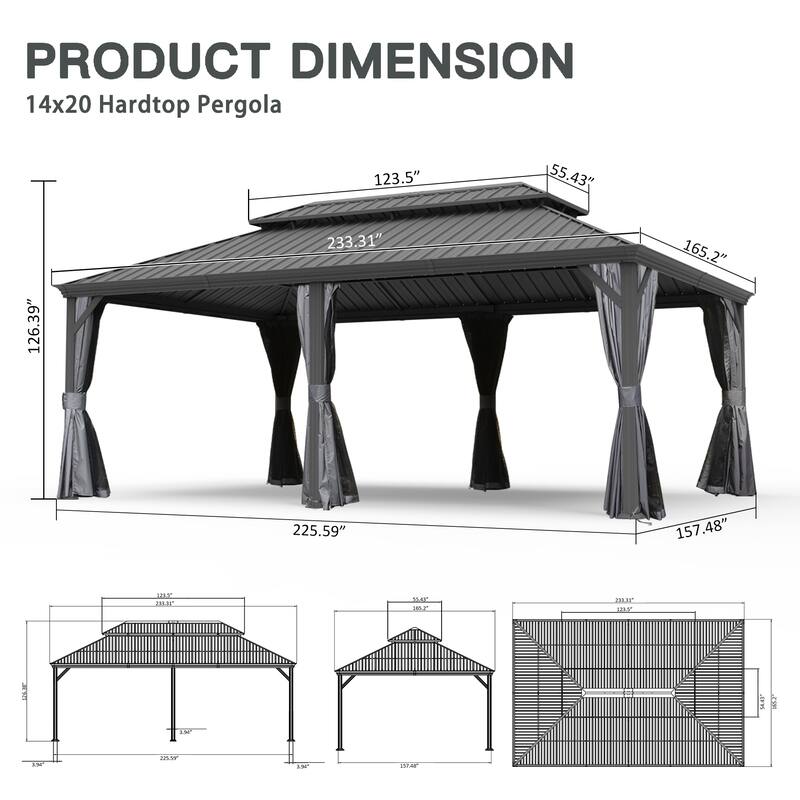 14' X 20' Hardtop Metal Gazebo with Drainage System, Galvanized Steel Roof, Curtains, and Netting for Outdoor Patio and Garden
