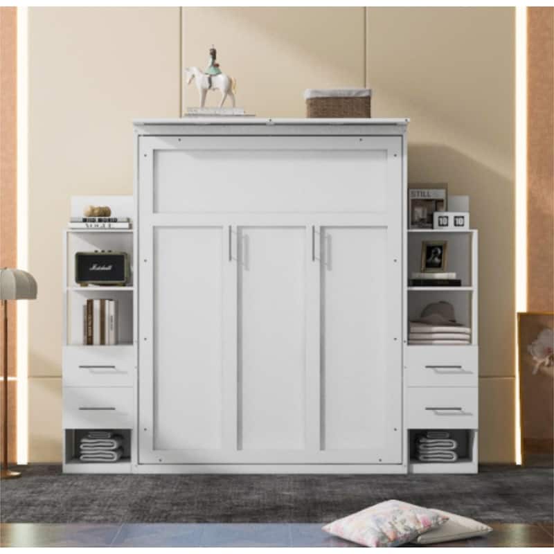 Merax Murphy Bed Wall Bed with Shelves, Drawers and LED Lights