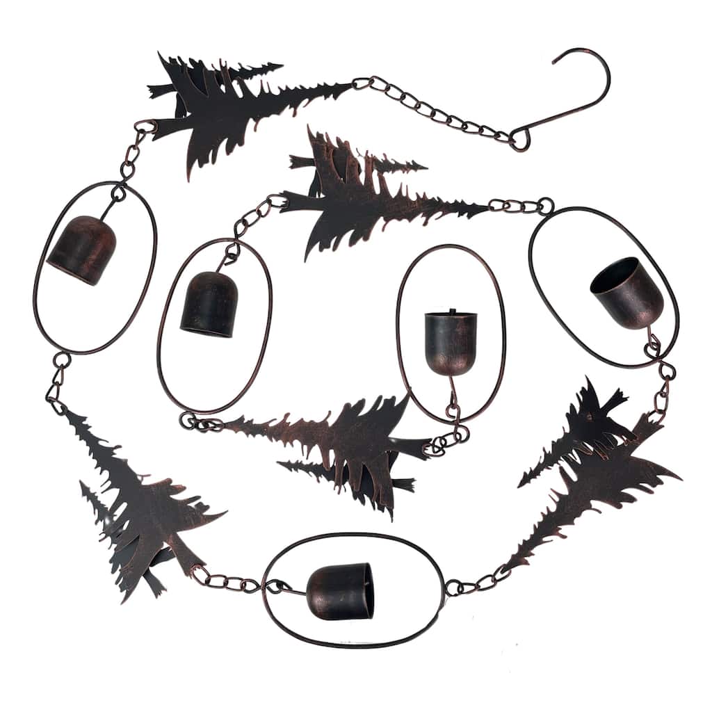 70" Metal Rain Chain - Forest Trees & Zen Bells, Aged Bronze, 3.25" - 3.25 X 70 X 0.25 inches