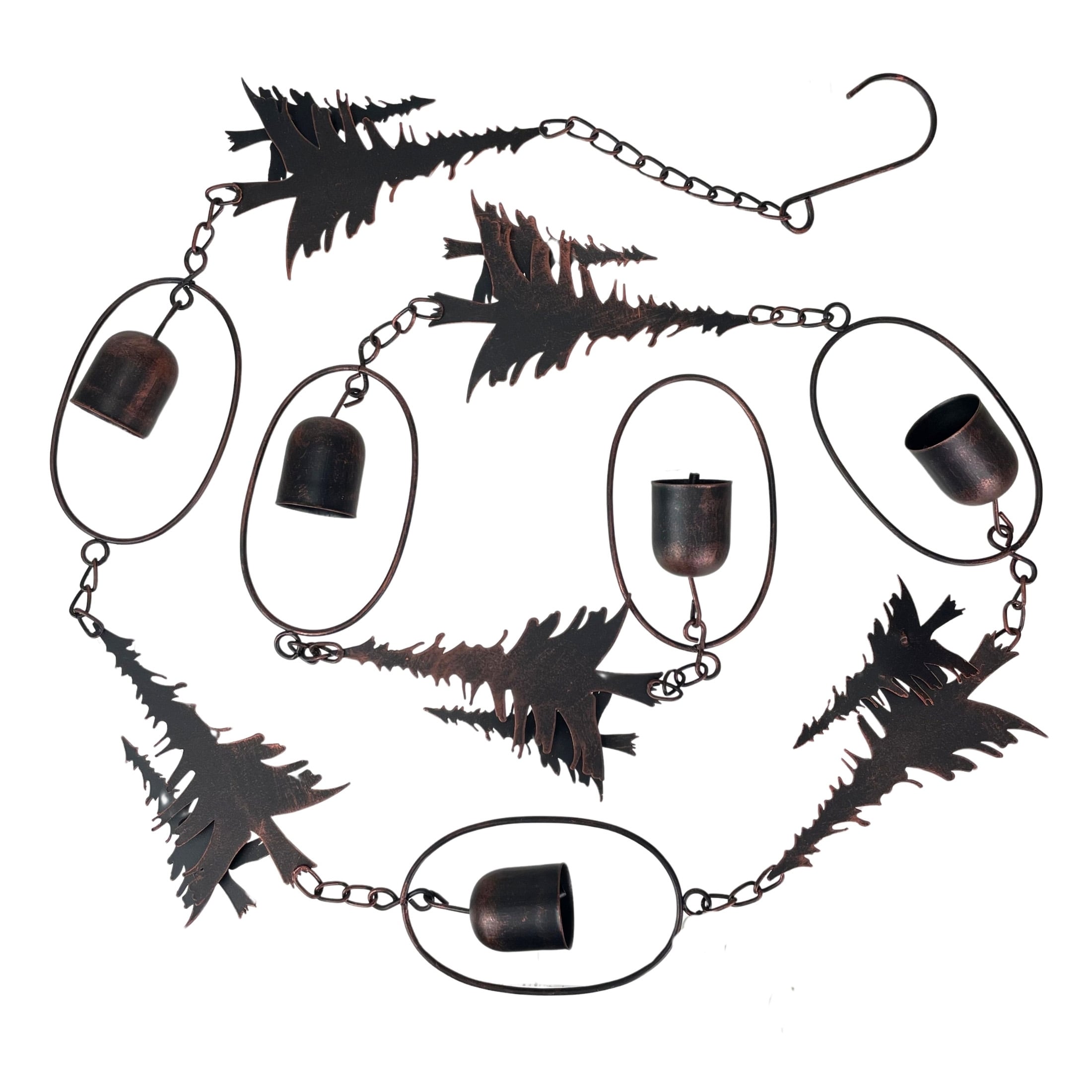 70" Metal Rain Chain - Forest Trees & Zen Bells, Aged Bronze, 3.25" - 3.25 X 70 X 0.25 inches