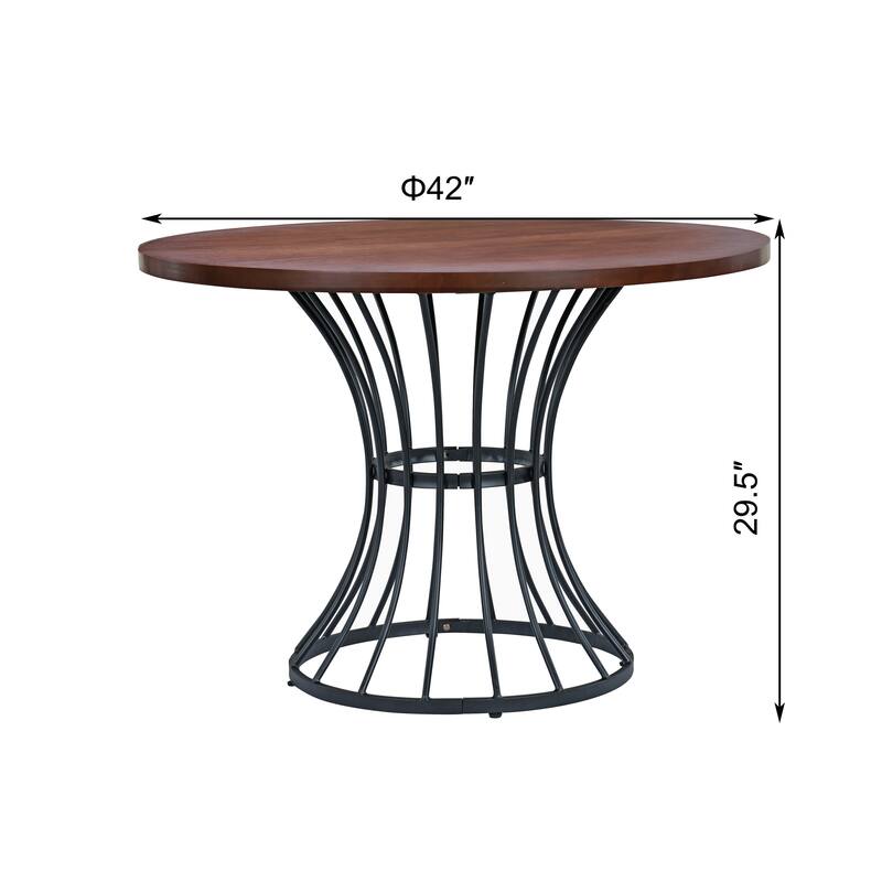 Oak Veneer 42" Round Dining Table - Solid Wood-Look Top, Heavy-Duty Wrought-Iron Pedestal Base - Black,Brown Oak