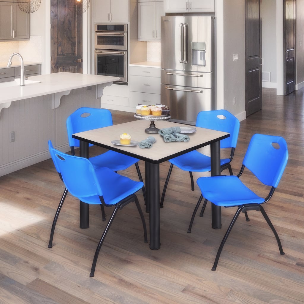 42 in. Square Breakroom Table- Maple/ Black & 4 'M' Stack Chairs- Blue