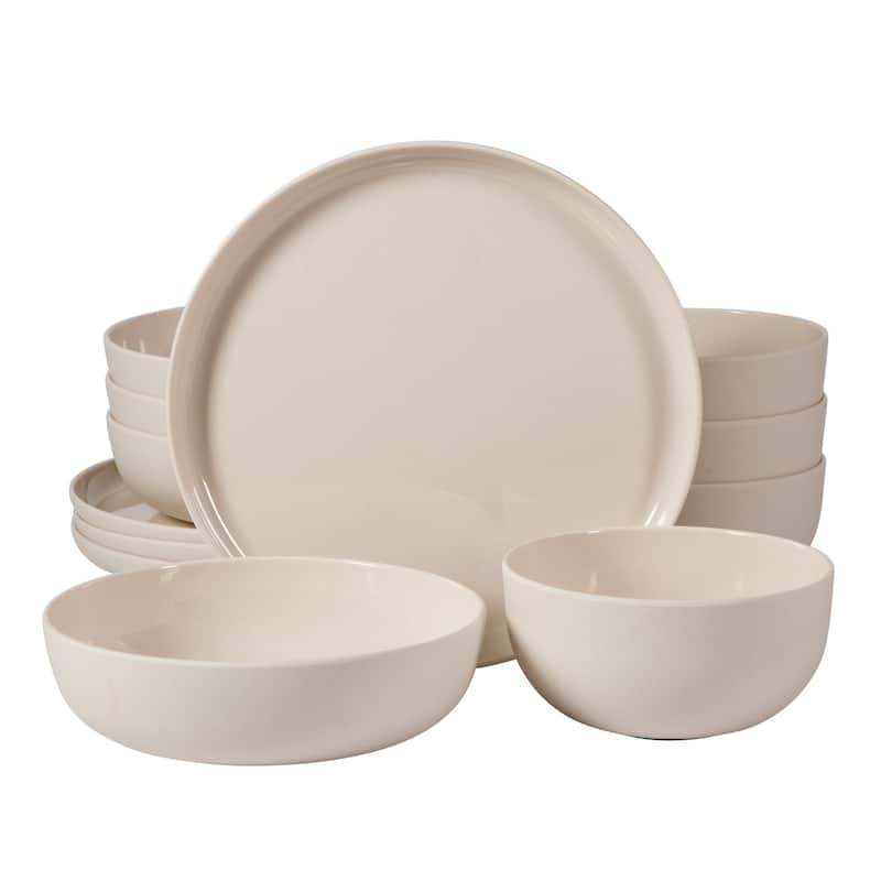 Gibson Home Candy Skies 12 Piece Unbreakable Wheat Straw Melamine Plates and Bowls Dinnerware Set - Taupe Cream