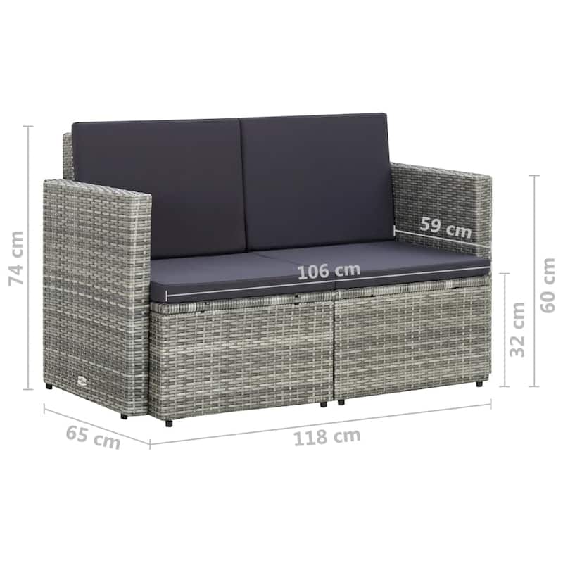 vidaXL 2 Seater Patio Sofa with Cushions Black Poly Rattan - 46.5" x 25.6" x 29.1"