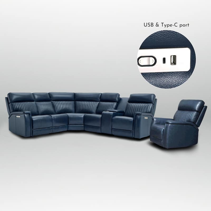 105" W Genuine Leather Power Sectional Sofa Set with Power Headrest & Lumbar, Single Console, USB&USB-C Ports