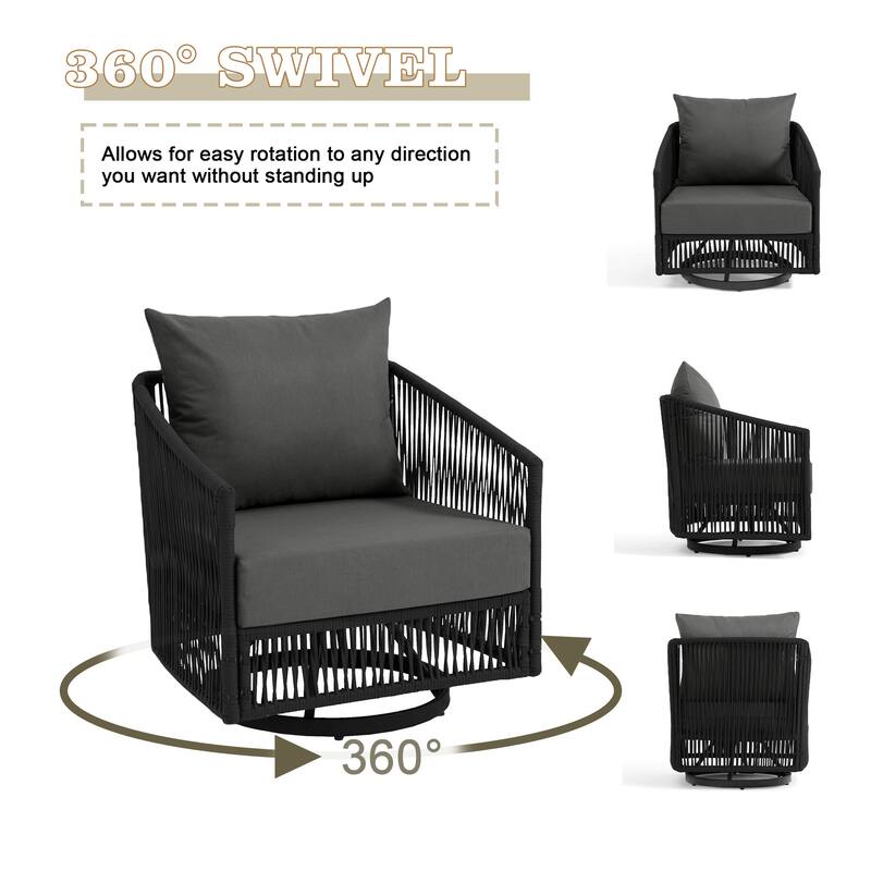 3-Piece Outdoor Rattan Swivel Lounge Chair Set Barrel Chairs for Backyard
