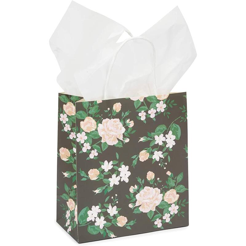 Blue Panda Small Floral Kraft Gift Bags with Handles in 4 Colors (8 x 9 x 4 in, 12 Pack)