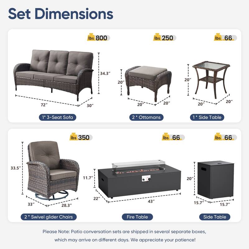 Pocassy 5/7 Piece Sofa Swivel Chair Ottoman with Fire Pit Table