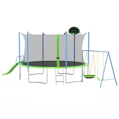 12FT Trampoline with Slide Swings Double Color Cover Hoop Ladder Net for Kids Adults