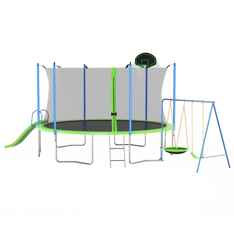 12FT Trampoline with Slide Swings Double Color Cover Hoop Ladder Net for Kids Adults - Green