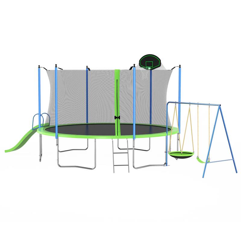 12FT Trampoline with Slide and Swings, ASTM Approved Large Recreational Trampoline with Basketball Hoop and Ladder,Outdoor Backy