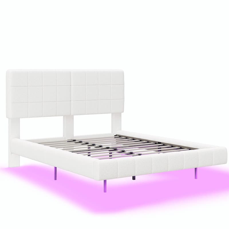 White Bouclé Floating Bed with Ambient Light