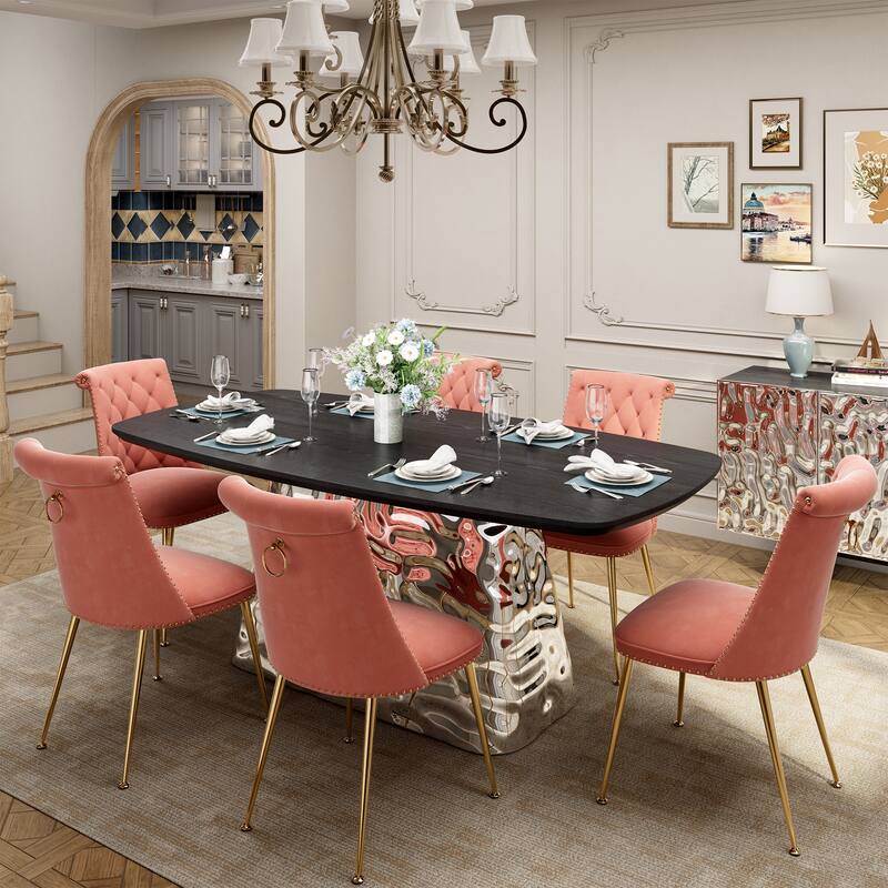 7-Piece Clihome Modern Stainless Steel Table Velvet Chair Dining Set