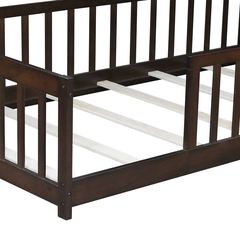 Twin Size Floor Bed with Fence without Door, Rubber Wood Floor Bed with Safety Guardrails