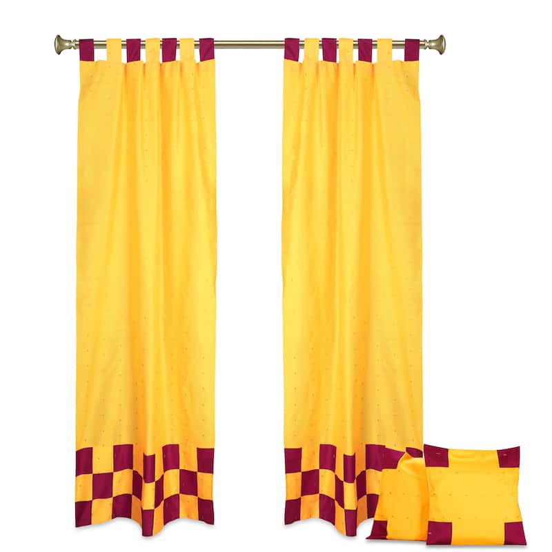 4 Pc Set Indian Sari Curtains & Cushion Covers Boho Tab Top Living Room Bedroom - Yellow - 36" W X 96" L - 96 Inches