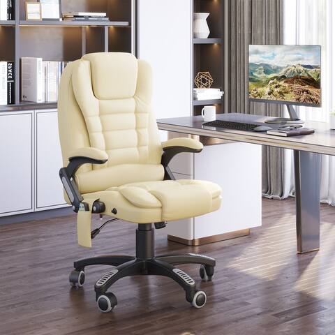 HomCom High Back Executive Massage Office Chair Faux Leather Heated Reclining Desk Chair with 6 Point Vibration, Cream White