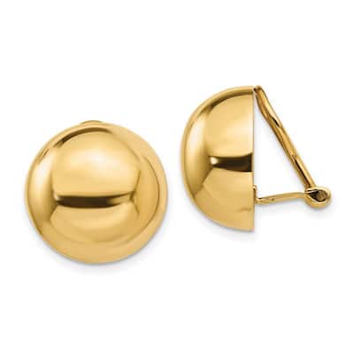 Curata 14k Yellow Gold Polished Flat back 16mm Half Ball Non pierced Clip Earrings