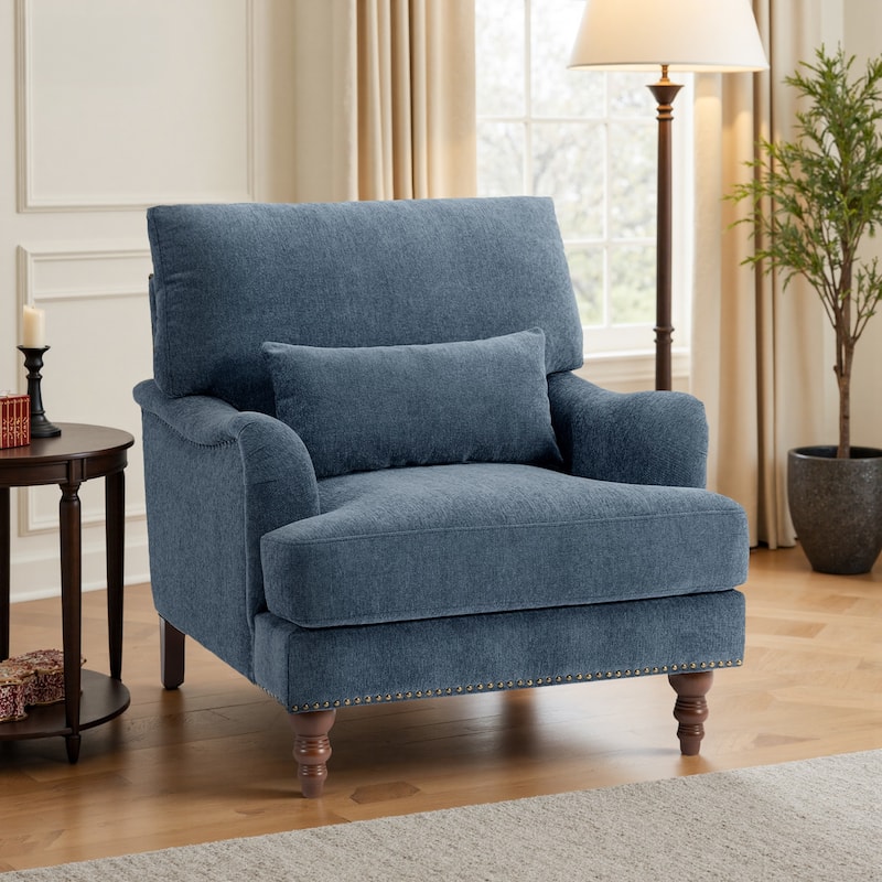 Mid Century Chenille Upholstered Accent Chair with Nailhead Trim - Navy