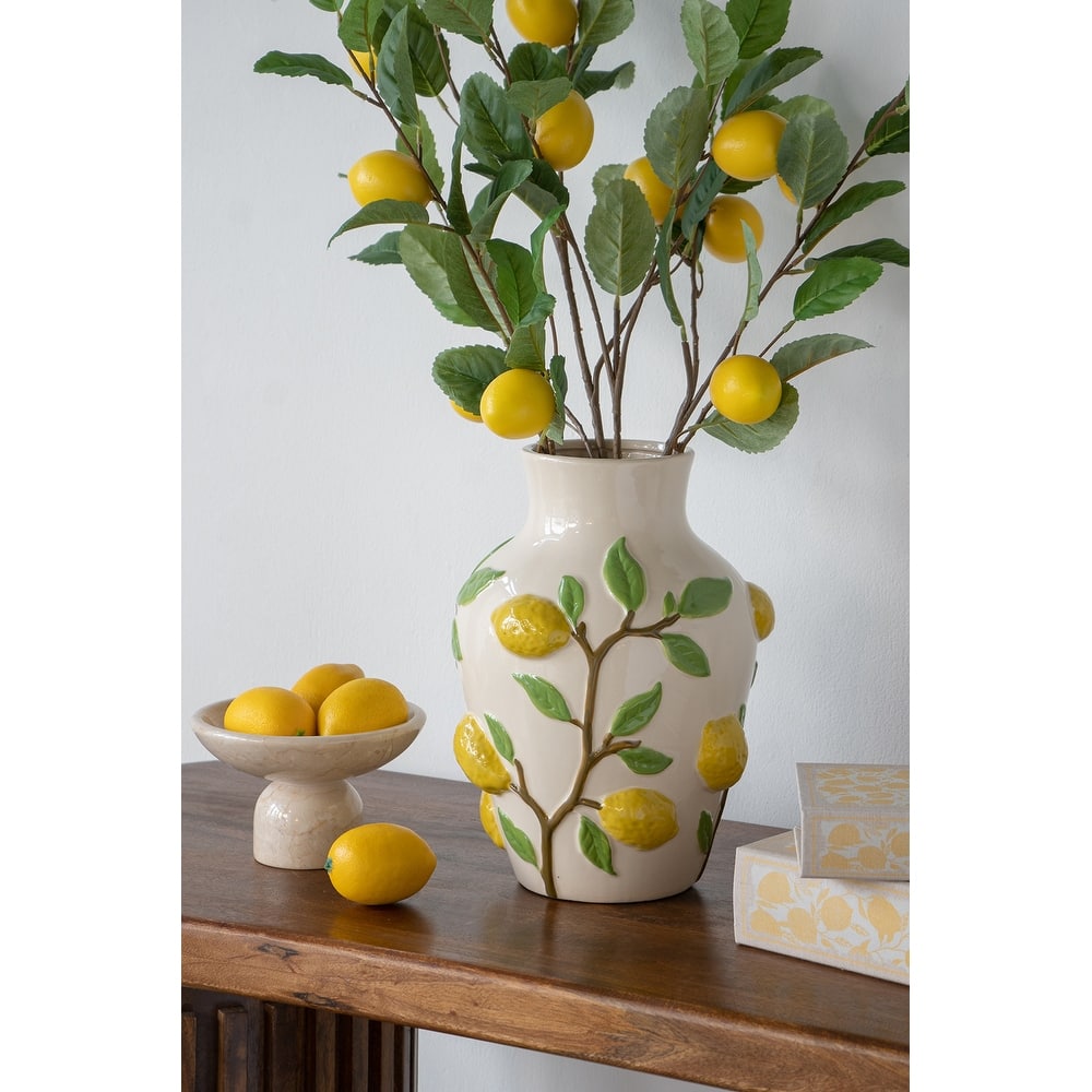 9x9x12.5" White Ceramic Vase with Vibrant Yellow Lemon Accents