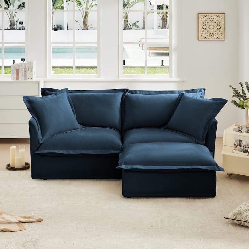 83.4" Chenille L-Shaped Sectional Sofa with Ottoman - Blue