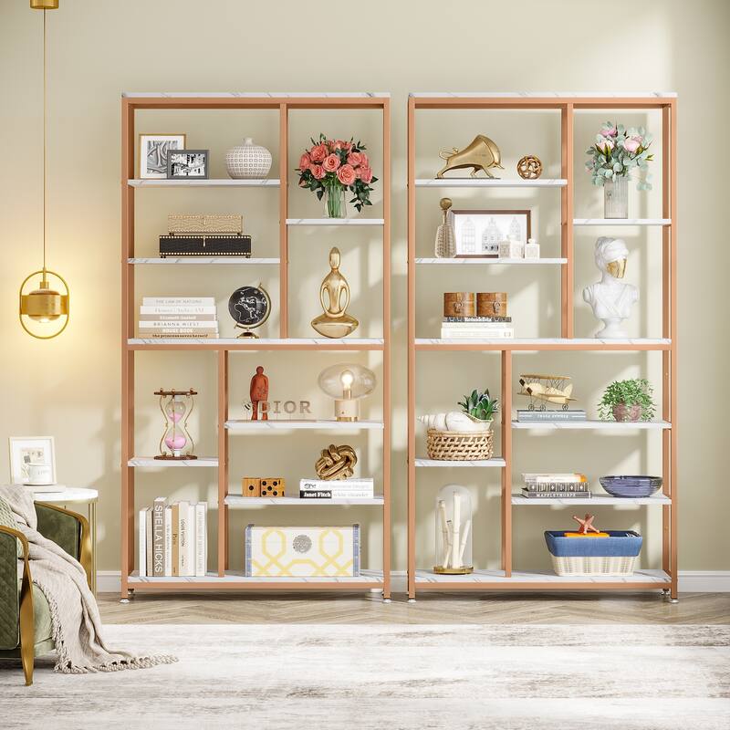 Staggered Bookcase Open Book Shelves Wood Etagere Display Shelf for Living Room