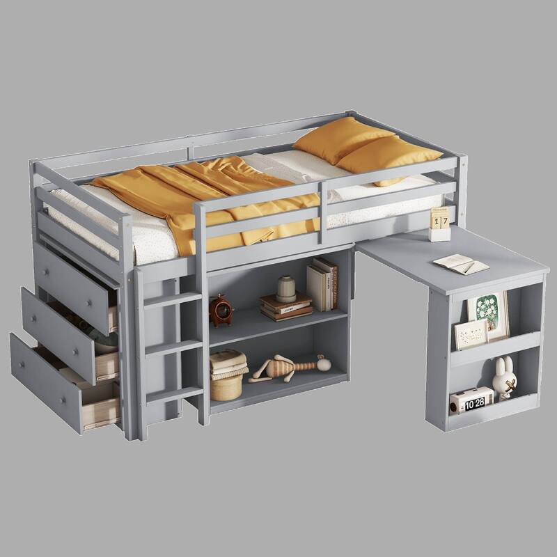 Space-Saving Twin Loft Bed with Desk, Cabinets, Shelves & Safety Guardrails, Sturdy Rubber Wood Construction - Grey - Twin
