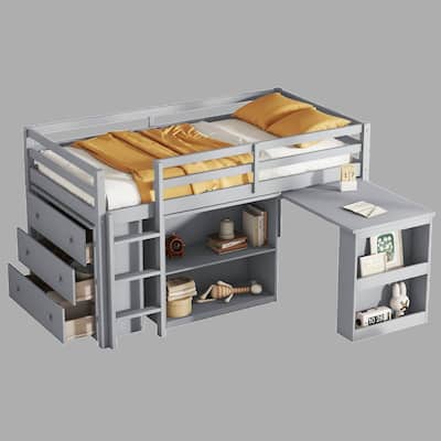 Space-Saving Twin Loft Bed with Desk, Cabinets, Shelves & Safety Guardrails, Sturdy Rubber Wood Construction