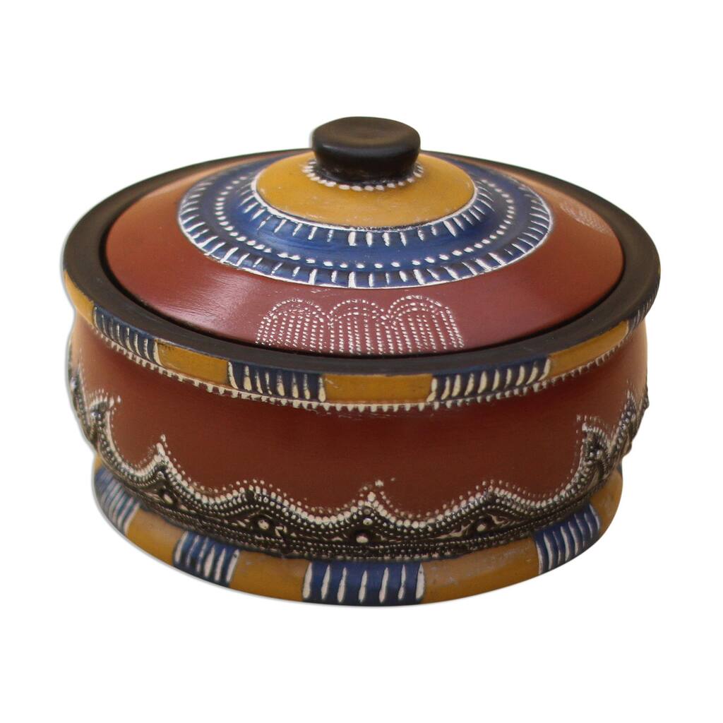 Novica Handmade Colorful Hut Wood Decorative Jar