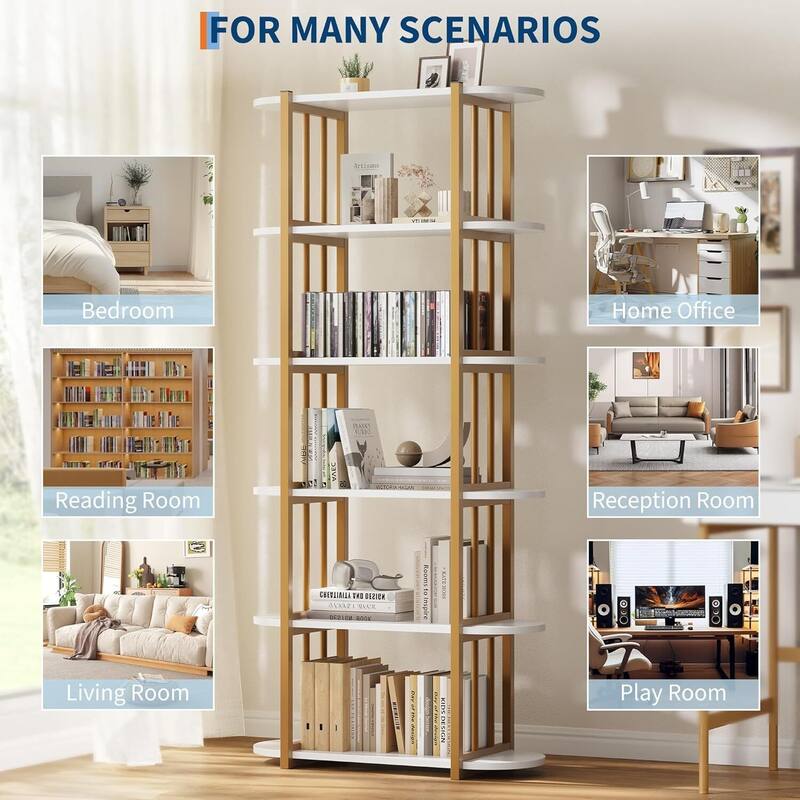 6 Tier 71" Freestanding Open Storage Industrial Bookshelf, Bookcase for Bedroom, Living Room