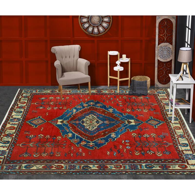 Fine Vintage Distressed Fattah Red/Navy Rug - 5'4" x 6'11"