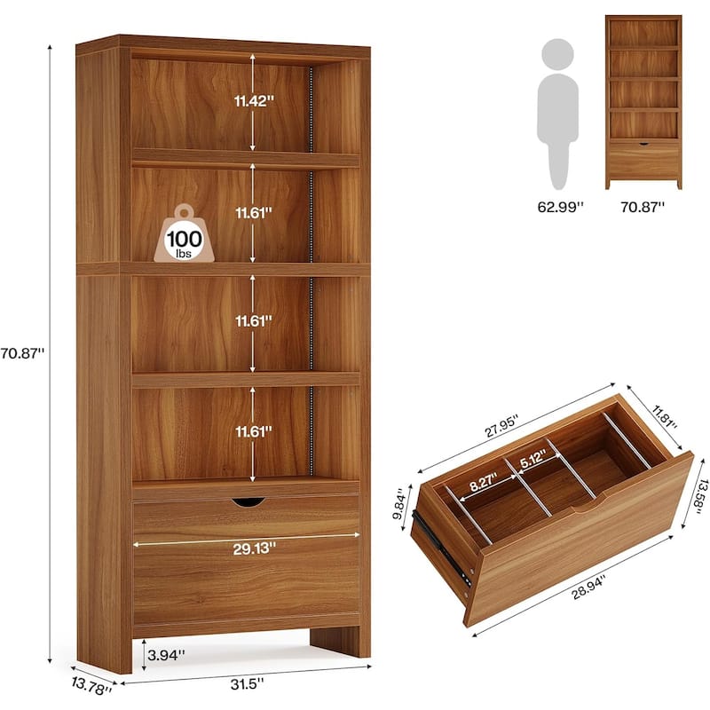 70.9" Tall Bookcase with File Drawer, 5-Tier Bookshelf with LED Lights
