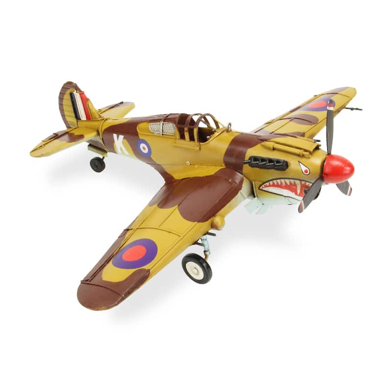 HomeRoots 6" Yellow and Brown Metal Hand Painted 1941's P-40 Fighter Model Airplane - 20' X '6' X '17