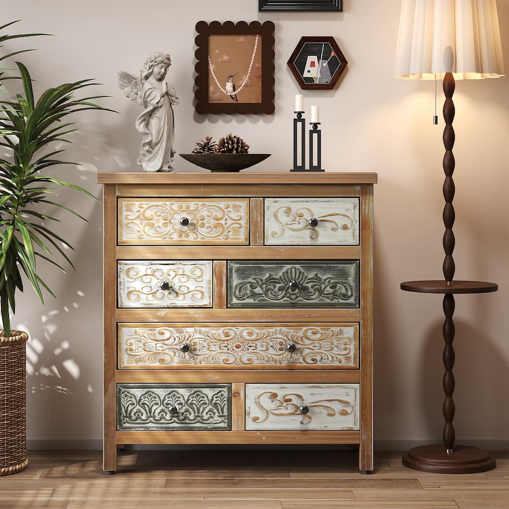 Vintage Carved Dressing Table, Storage Cabinet, Accent Chest with 6 Drawers, for Bedrooms and Living Rooms