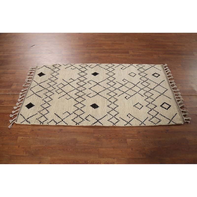 Ivory Striped Moroccan Oriental Accent Rug Handmade Wool Carpet - 2'10"x 5'6"