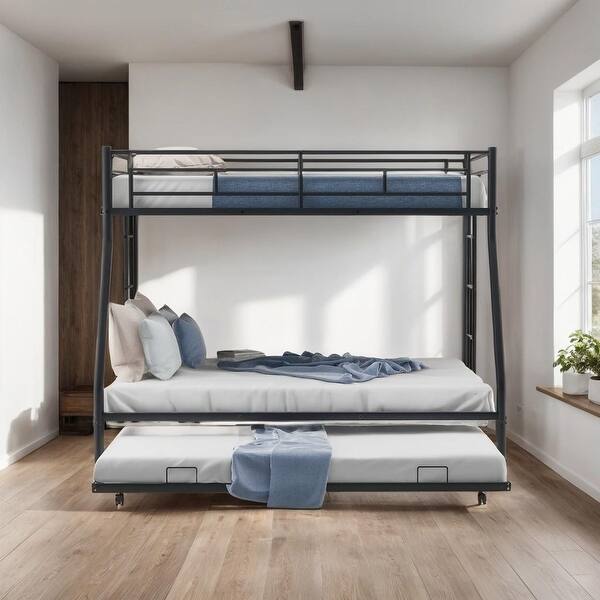 slide 2 of 9, Black Twin over Full Bunk Bed with Sturdy Steel Frame and Twin Size Trundle Black - Full