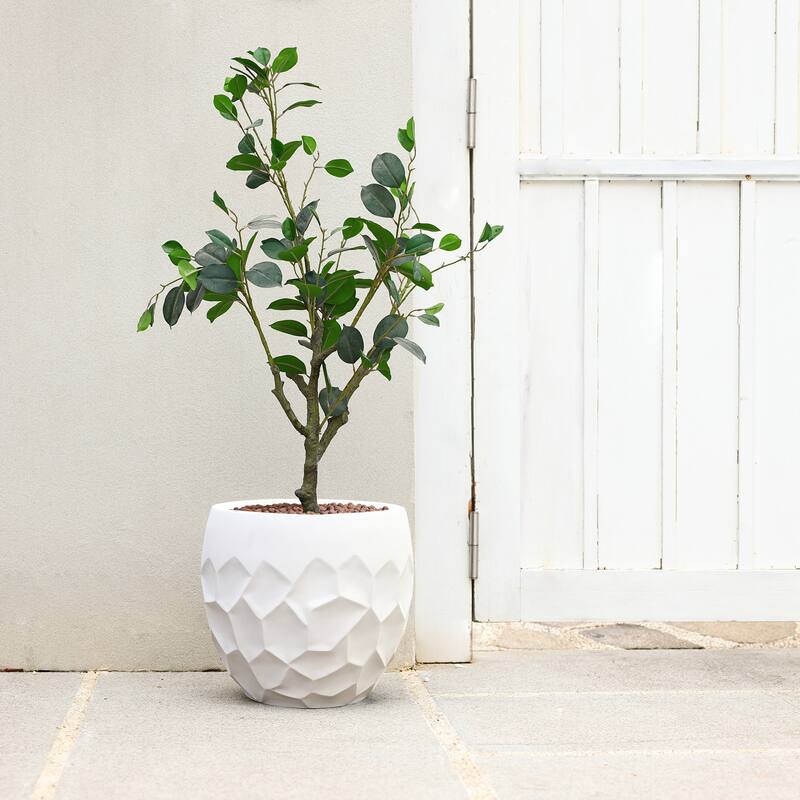 14.6-Inch Round Geometric Indoor/Outdoor MgO Planter - 13.2" H x 14.6" W x 14.6" D
